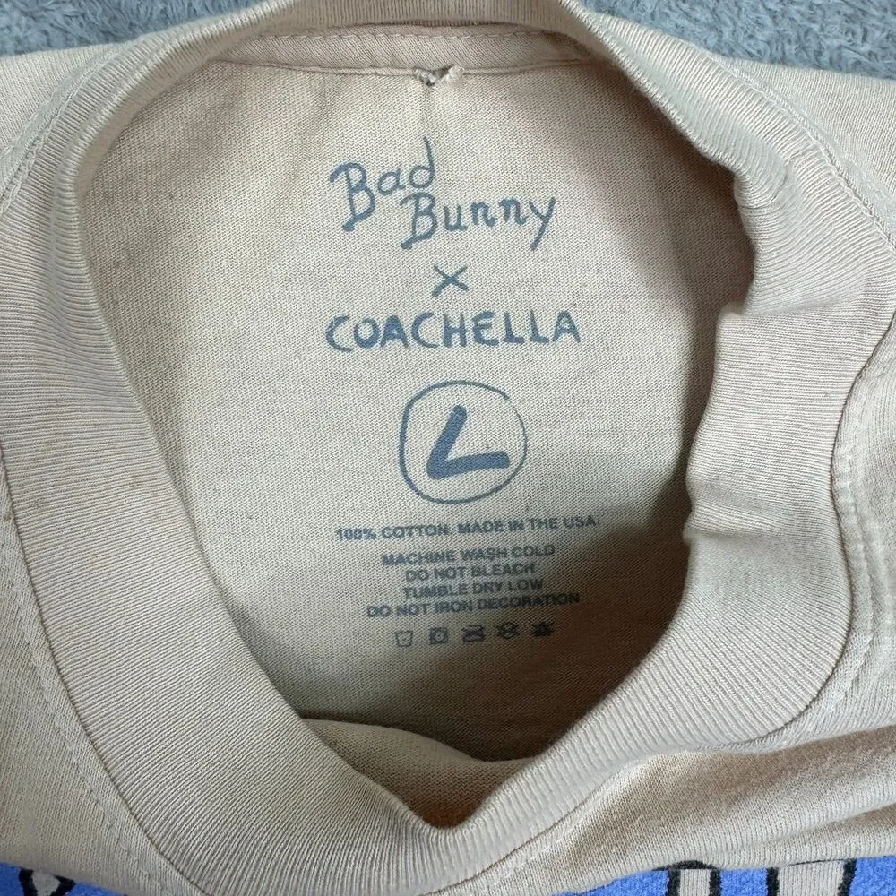 Bad Bunny x Coachella Shirt Mens Large Beige Cotton Graphic Print Long Sleeve - Picture 2 of 12